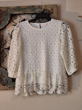Ellison Cream Crochet Peplum Lace Blouse. Large